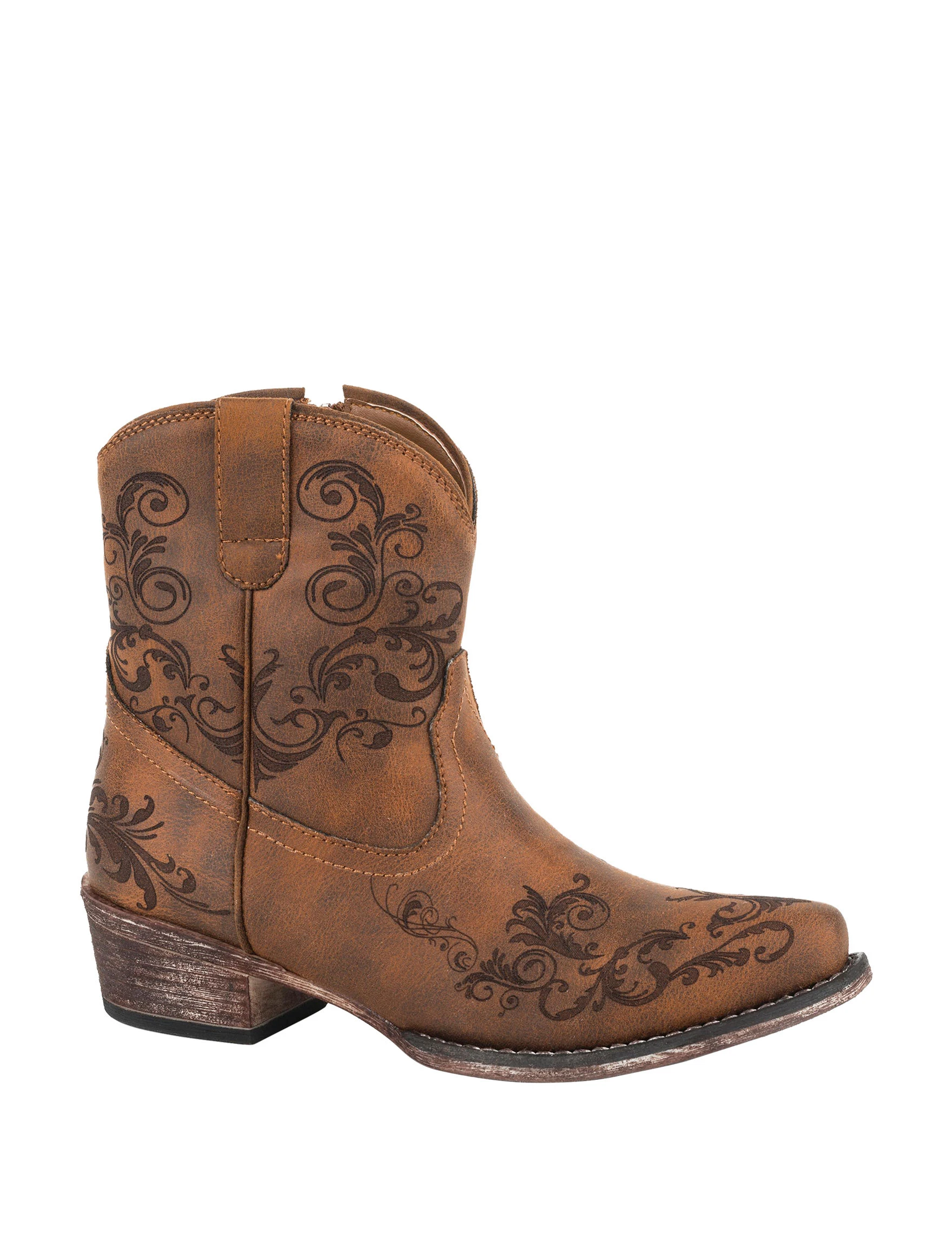 Roper Women's Short Stuff Embroidered Western Boots Ankle Low Heel Tan Size 9
