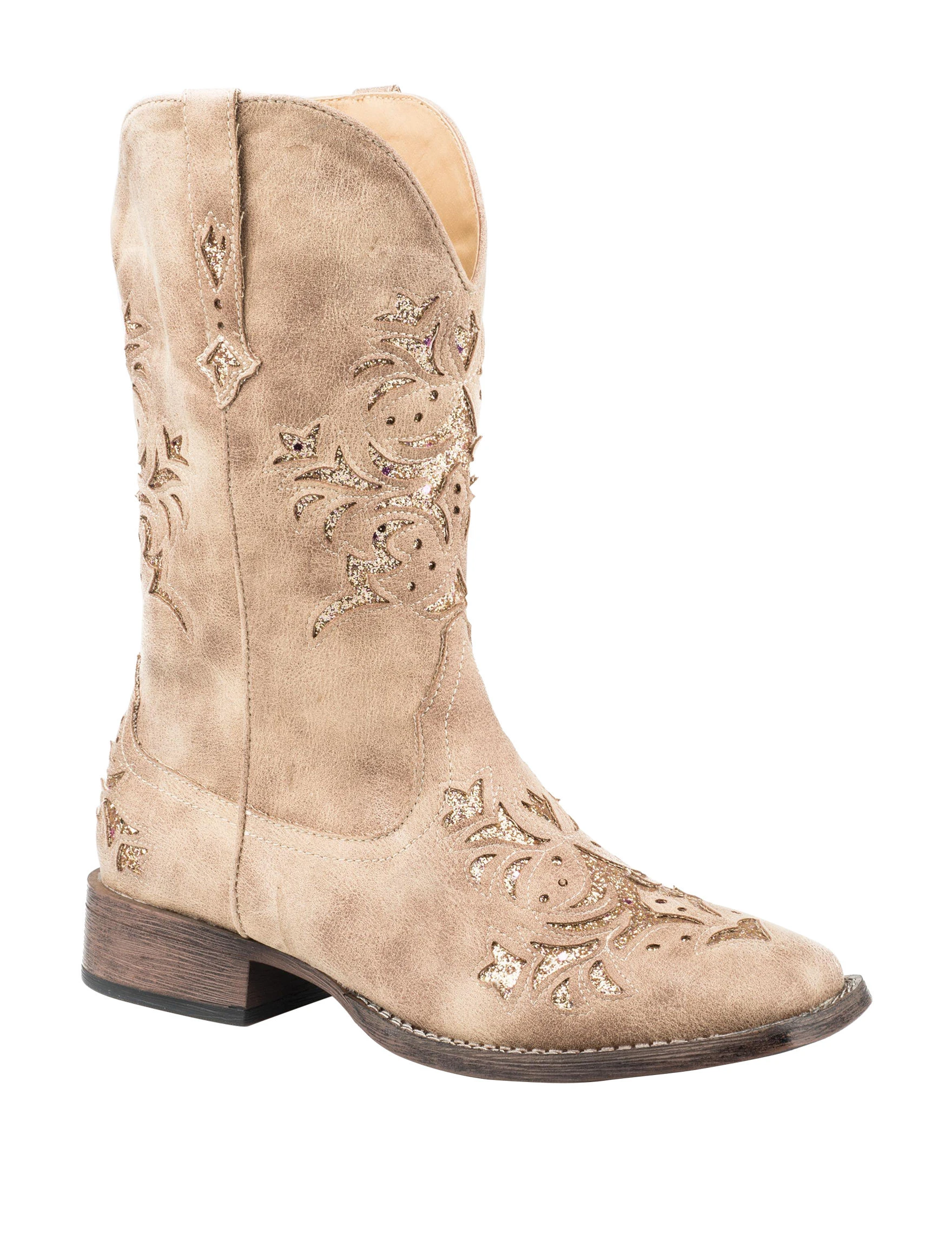 Roper Women's Kennedy Glitter Western Boots 12" Mid Calf Low Heel Tan Size 8