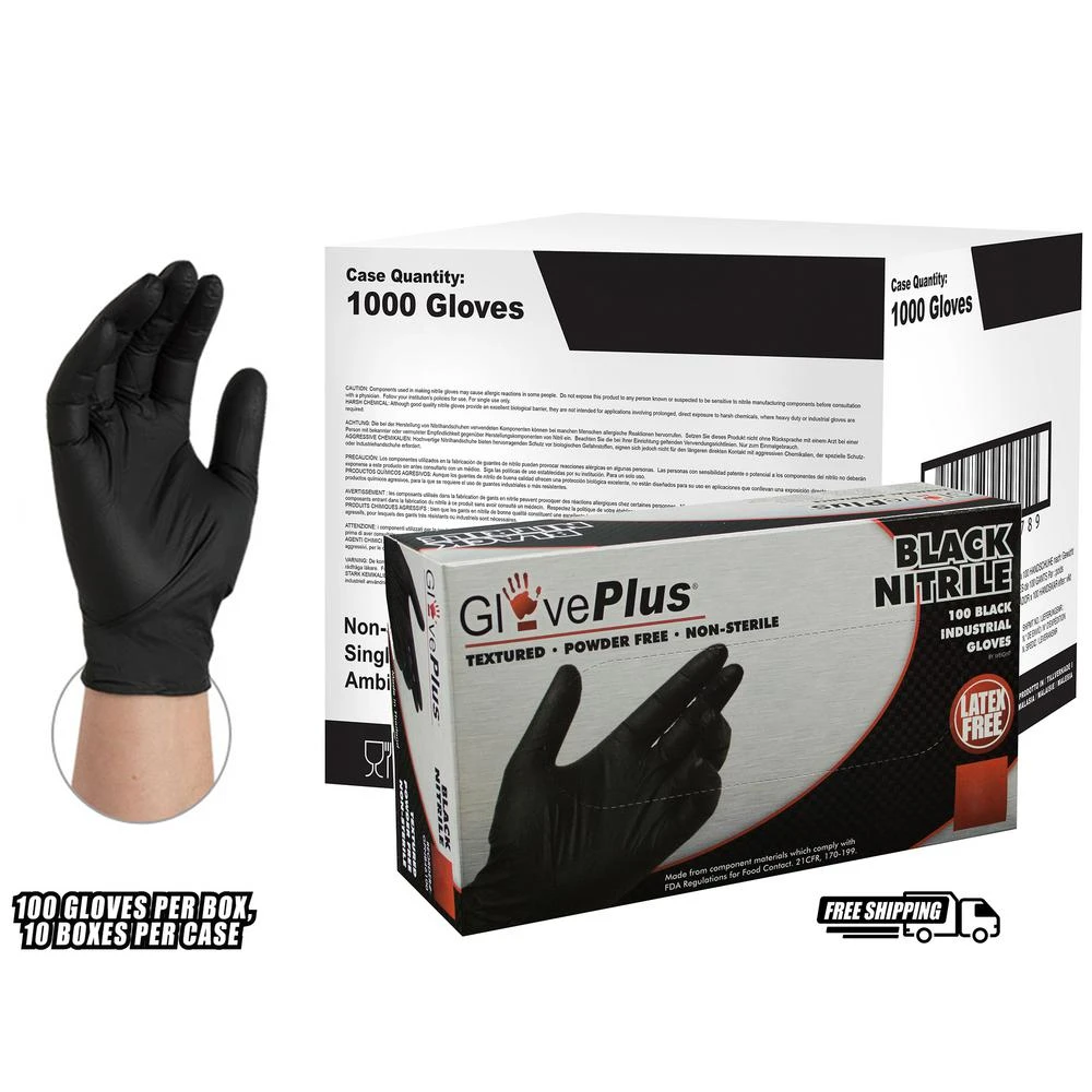 Gloveplus Black Nitrile Industrial Disposable Gloves, Latex Free, Large, Case Of 1000