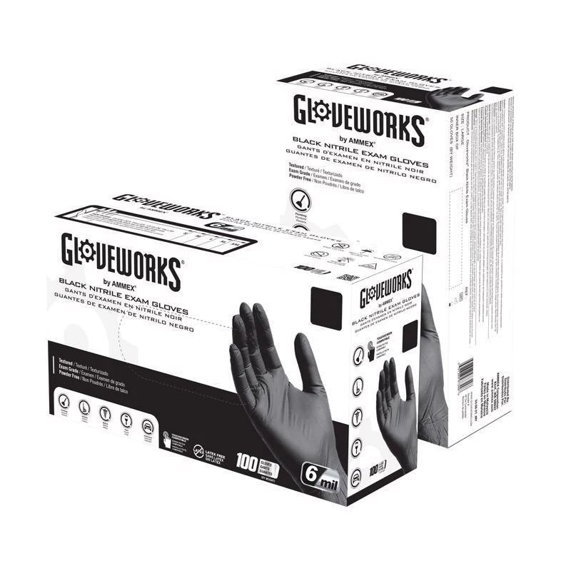 Ammex Gloveworks Nitrile Disposable Exam Gloves Medium Black Powder Free 100 pc