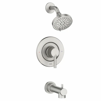 Arylis Posi-Temp Tub and Shower Faucet with Spout and Showerhead in Brushed Nickel Finish