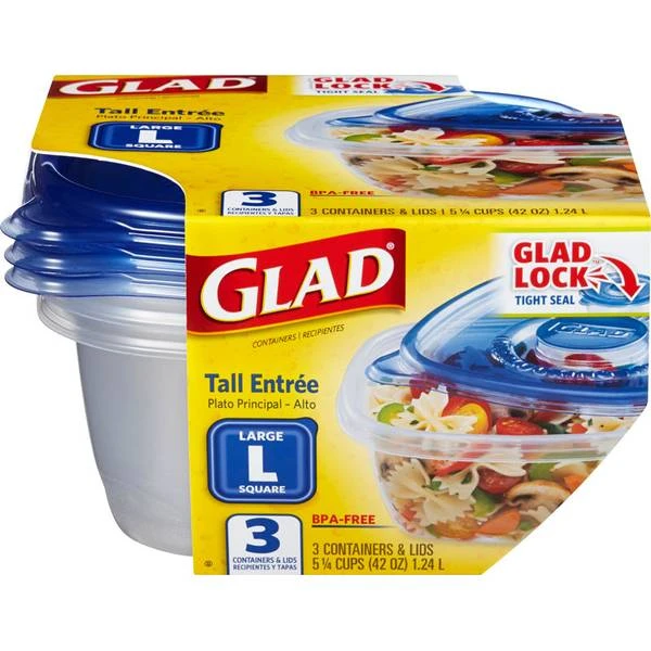 Glad Containers & Lids, Tall Entree, 3 containers
