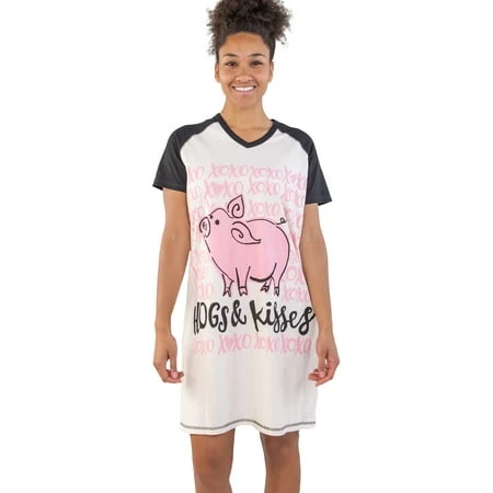 Lazyone V-neck Nightshirt For Women Animal Design Hogs & Kisses Size S/m
