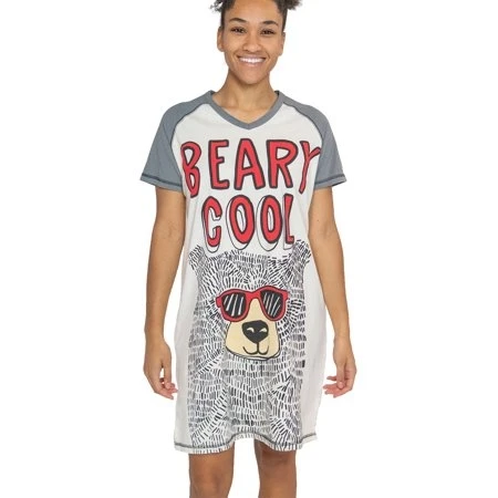 Lazyone V-neck Nightshirt For Women Animal Design Beary Cool Size L/xl