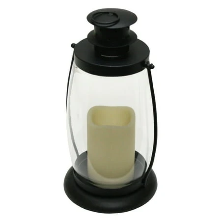 Gerson 38537 - 11.5" Black Glass Hurricane Lantern With Melted Edge Led Candle And Timer