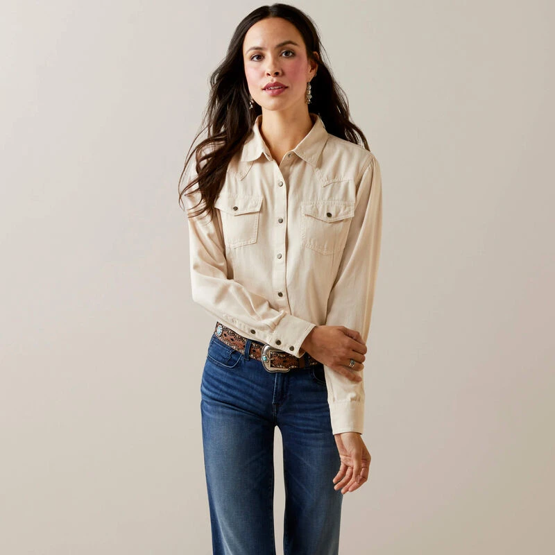 ARIAT WOMEN'S REAL JURLINGTON SNAP SHIRT, SANDSHELL COLOR, 2X