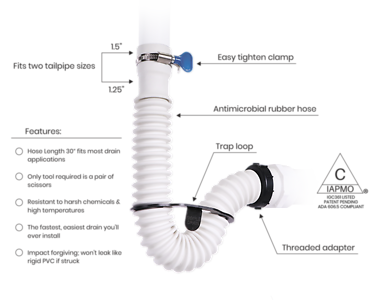 Simple Drain 1.25 in. D X 2.5 ft. L Rubber Slotted Sink Drain Kit