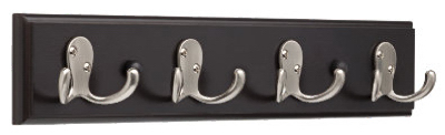 Hook Rail, 4 Double Hooks, Black Wood Grain & Satin Nickel, 2 x 17.75 x 5.5-In.