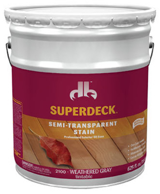Superdeck Semi -Transparent Weathered Gray 5 Gal DB-2100-5. Oil Based Stain and sealer in one coat. Can be tinted to additional colors.350 square feet per gal. Low voc. For color chart and more info www.superdeck.com