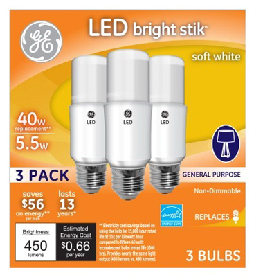 LED Bright Stik Light Stick Bulb, Soft White, 5-Watts, 3-Pk.