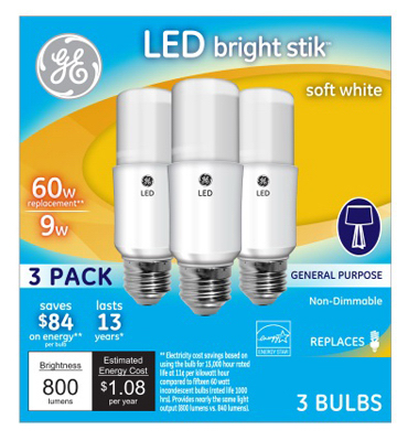 LED Bright Stik Light Stick Bulb, Soft White, 9-Watts, 3-Pk.