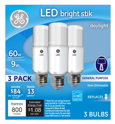 LED Bright Stik Light Bulb, Daylight, 9W, 3-Pk.