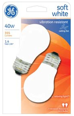 Ceiling Fan Light Bulbs, White, 2-Pack, 40-Watt