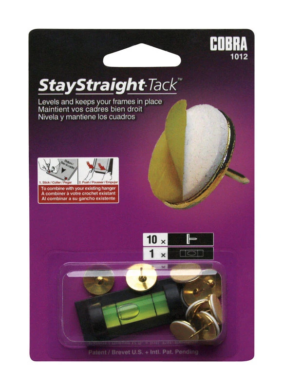 Cobra  Stay Straight Tack  Gold  Shield  Tacks and Level For Picture Frames  Brass  10 pk