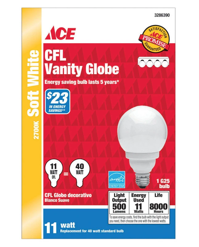 GE Lighting 11 watts G25 Three Way Bulb CFL Bulb Soft White Globe 2700 K 1 pk