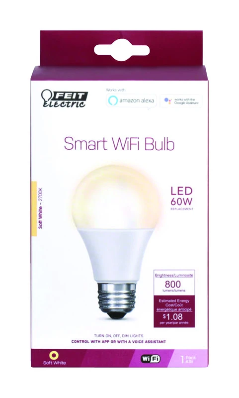 FEIT Electric A19 E26 (Medium) Smart WiFi LED Bulb Soft White 60 Watt Equivalence 1 pk