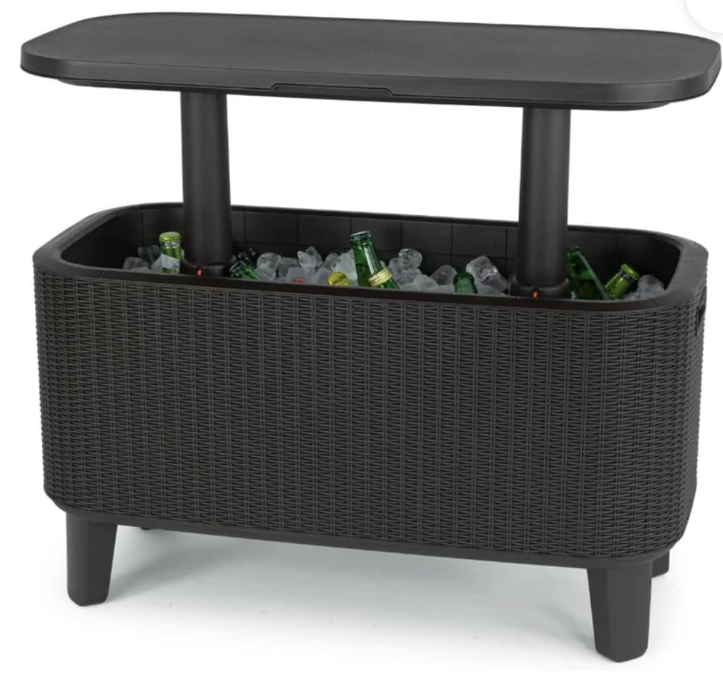 Keter Bevy Bar Indoor Outdoor 17 Gallon 2 in 1 Beverage and Snack Station Pop Up Side Table Bar Cart, Beer and Wine Cooler Storage, Rattan Brown