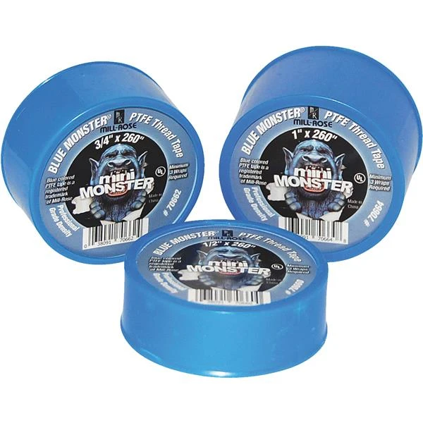 High Density PTFE Tape 1/2" X 520" For Use With Stainless Pipe Thread, Blue Monster, Color Blue, Polytetrafluoroethylene, Thickness 0.0035 In. +/- 10%, Spool