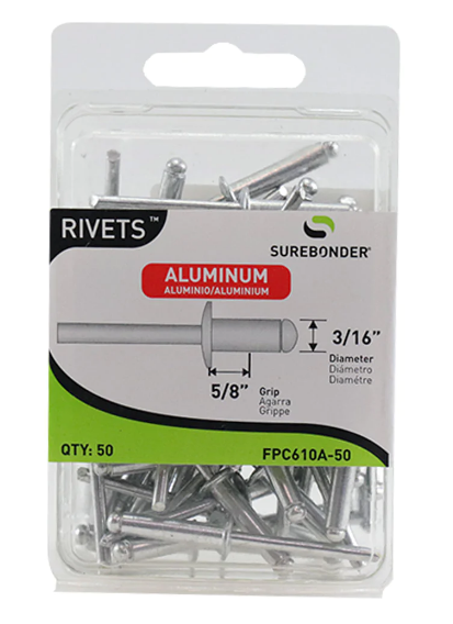SUREBONDER Long Aluminum Rivets - 3/16" Diameter, 5/8" Grip - 50 Count