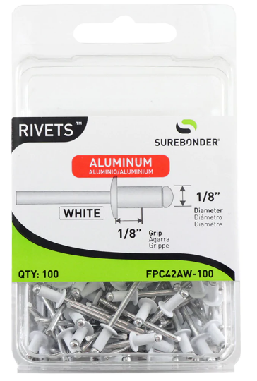 SUREBONDER Short White Aluminum Rivets - 1/8" Diameter, 1/8" Grip - 100 Count