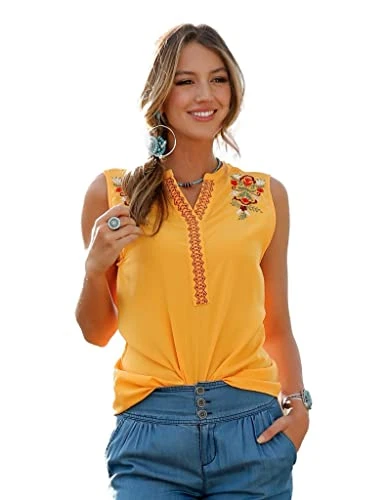 CRUEL DENIM WOMENS WESTERN SHIRT GEORGETTE TANK, YELLOW, LARGE