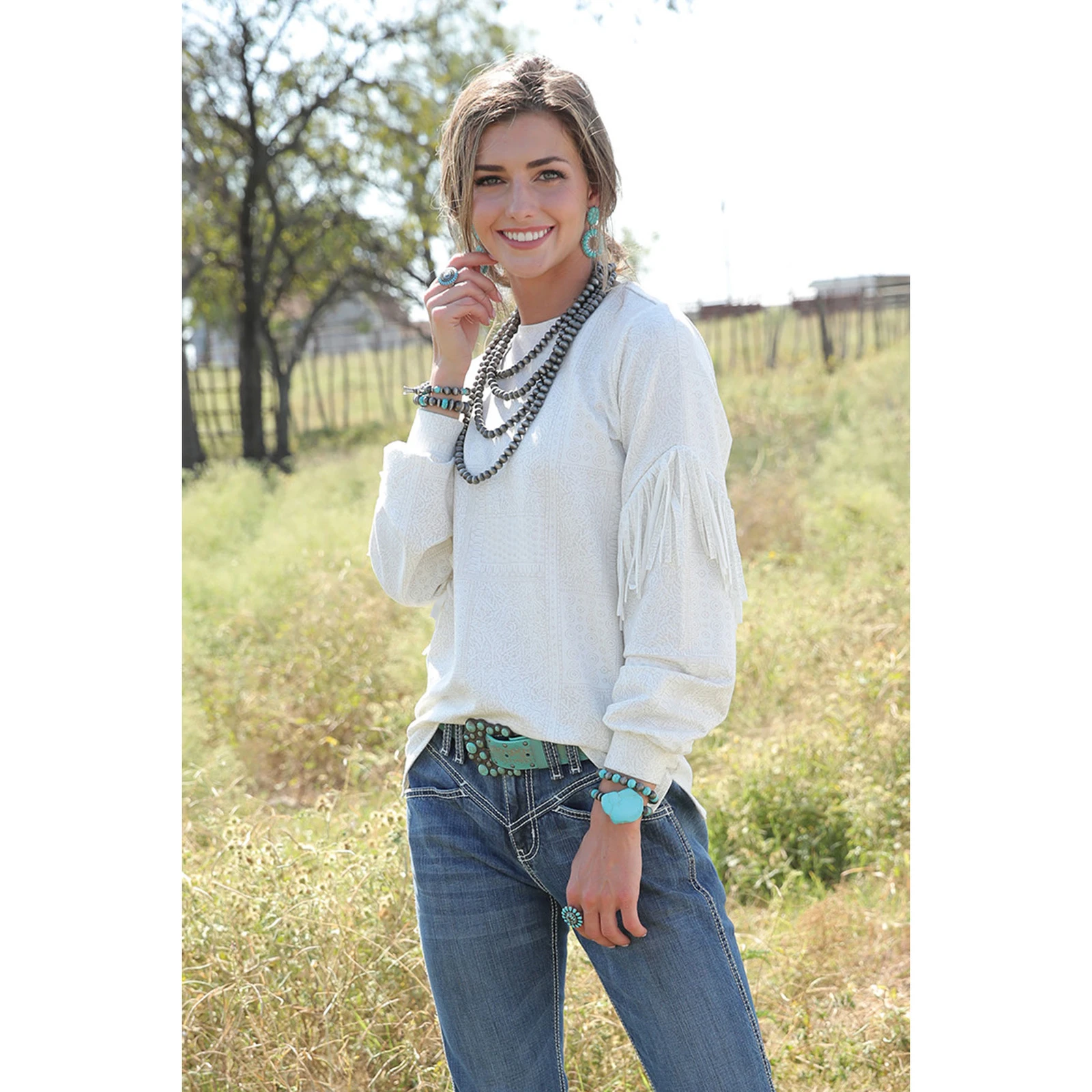 WMS LS KNIT WHITE FRINGE SLV XL