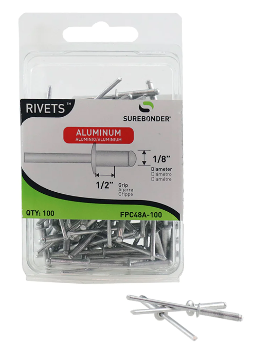 SUREBONDER Long Aluminum Rivets - 1/8" Diameter, 1/2" Grip - 100 Count
