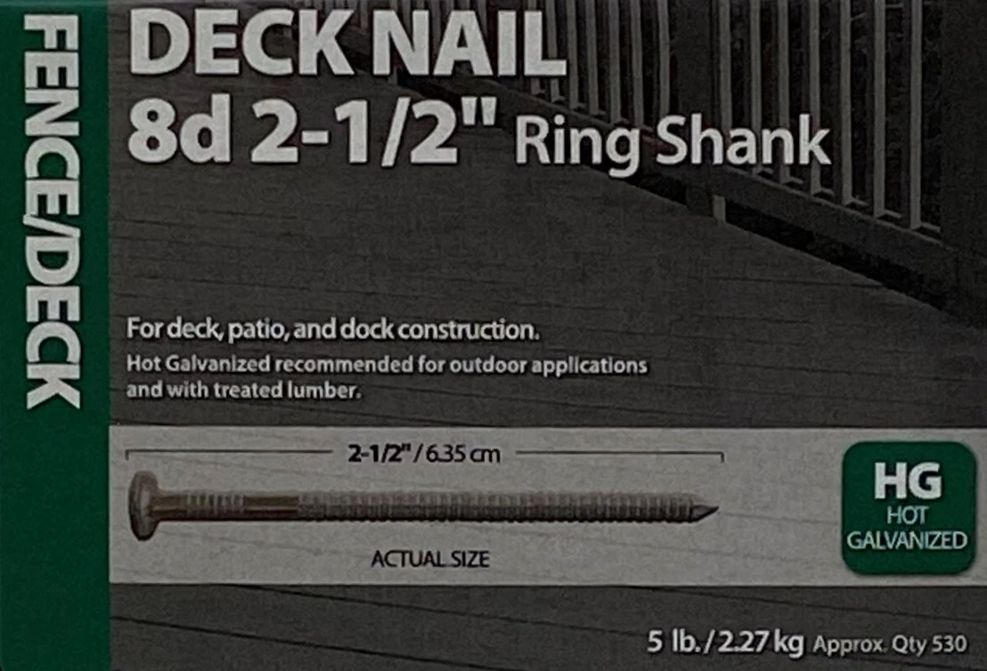 2-1/2" 8D HOT-DIPPED GALVANIZED RING SHANK FENCE / DECK NAIL (5 LB)