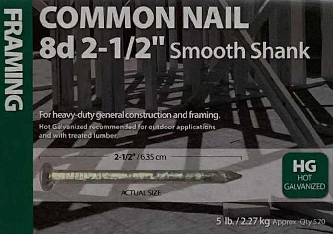 2-1/2" 8D FRAMING HOT-DIPPED GALVANIZED COMMON NAIL SMOOTH SHANK (5 LB)