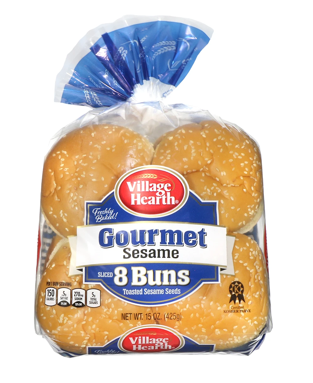 VILLAGE HEARTH GOURMET SESAME SEED HAMBURGER BUNS 8CT