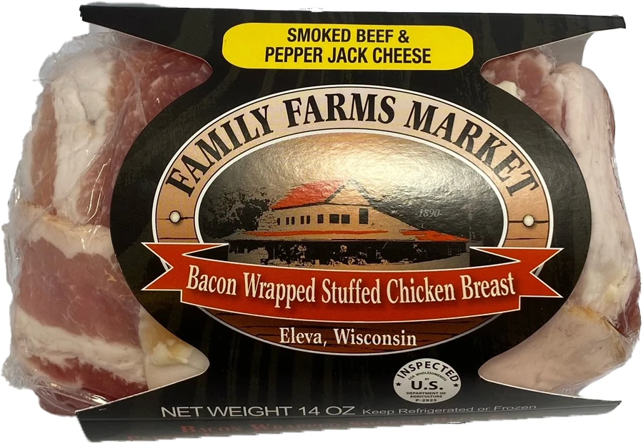 FAMILY FARMS DRIED BEEF & PEPPER JACK BACON WRAPPED STUFFED CHICKEN BREAST 14OZ