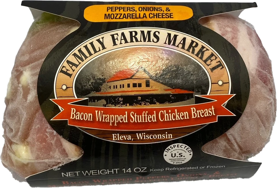 FAMILY FARMS PEPPERS, ONIONS, & MOZZARELLA CHEESE BACON WRAPPED STUFFED CHICKEN BREAST 14OZ