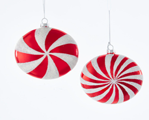 4"GLASS CANDY CANE DISC ORN 2/AS