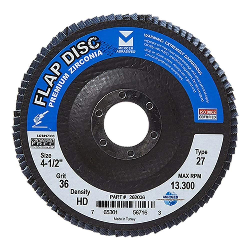 Flap Disc, Zirconia, Type 27, 4-1/2 X 7/8", 36 Grit, High Density
