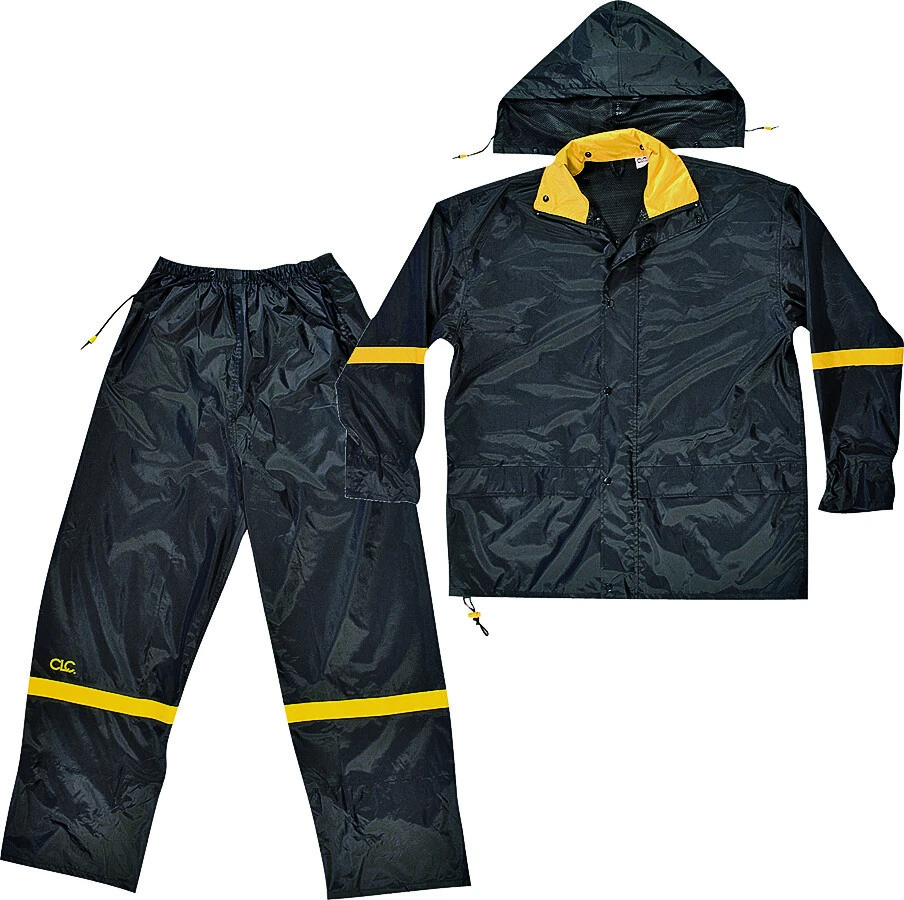 Black Nylon 3-pc Rain Suit Size Large W/reflective Stripe 0.18 Mil Thickness Nylon On Pvc