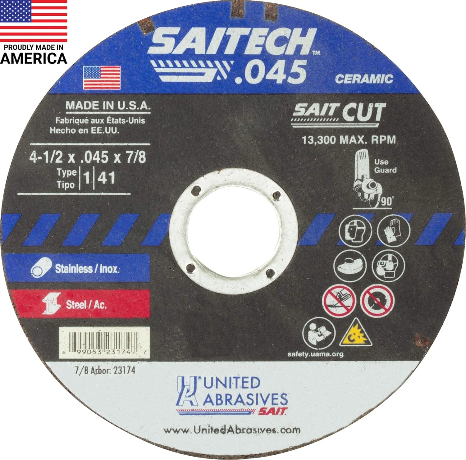 Saitech Type 1 Cut Off Disc 4-1/2" X .045 X 7/8" Ceramic, A/o Grain For Ss & High Tensile Alloys