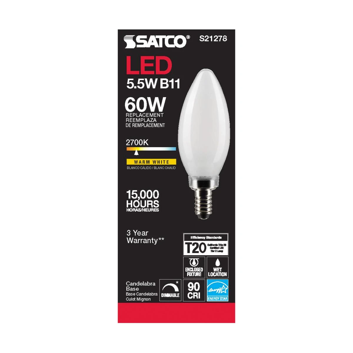 Satco B11 E12 (Candelabra) Filament LED Bulb Warm White 60 Watt Equivalence 1 pk