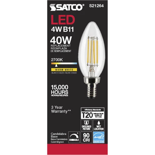S21264 4 Watt Vintage Edison Dimmable B11 Candelabra E12 Led  Bulb Clear 40W EQUIVALENT