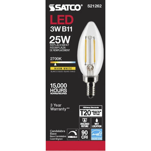 3B11/LED/927/CL/120V/E12  3W 25W EQUIVALENT