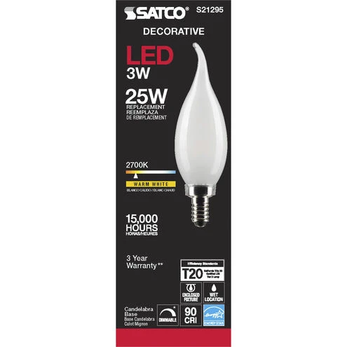 S21295 3 Watt Dimmable Ca10 Candelabra E12 Led Bulb Frosted Finish 25W EQUIVALENT