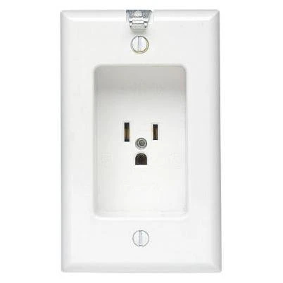15 Amp Residential Grade 1-Gang Recessed Single Outlet with Clocked Hanger Hook, White