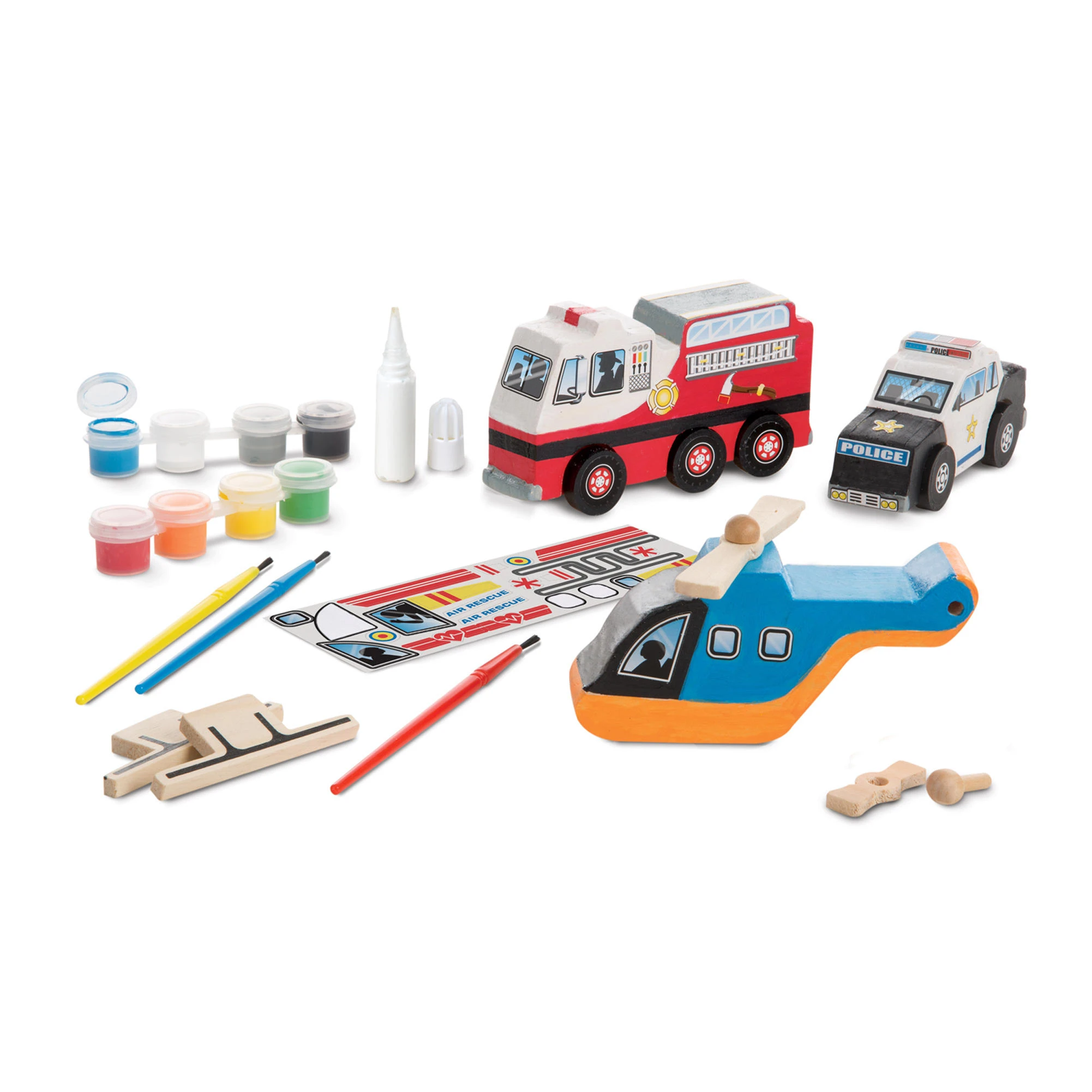 Decorate-your-own Wooden Rescue Vehicles Craft Kit - Police Car, Fire Truck, Helicopter
