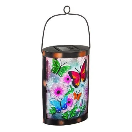 Evergreen Handpainted Solar Glass Lantern, Butterfly Prints, 3.7'' x 5.9'' x 9.5'' inches.