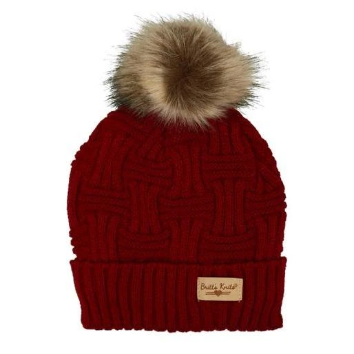 Britt's Knits Women's Unique Weave Plush Lined Knit Hat with Pom