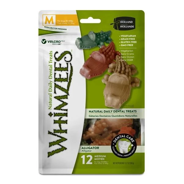 Whimzees Natural Grain Free Medium Alligator Dental Dog Treats, 12.7 oz., Bag of 12