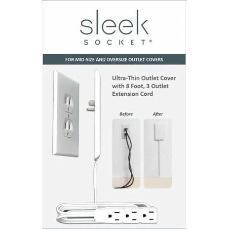 Sleek Socket 3 Outlet White Ultra Thin Electrical Outlet Cover Power Strip with 8 Ft. Cord