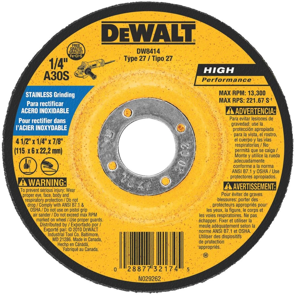 DEWALT HP Type 27 4-1/2 In. x 1/4 In. x 7/8 In. Stainless Grinding Cut-Off Wheel