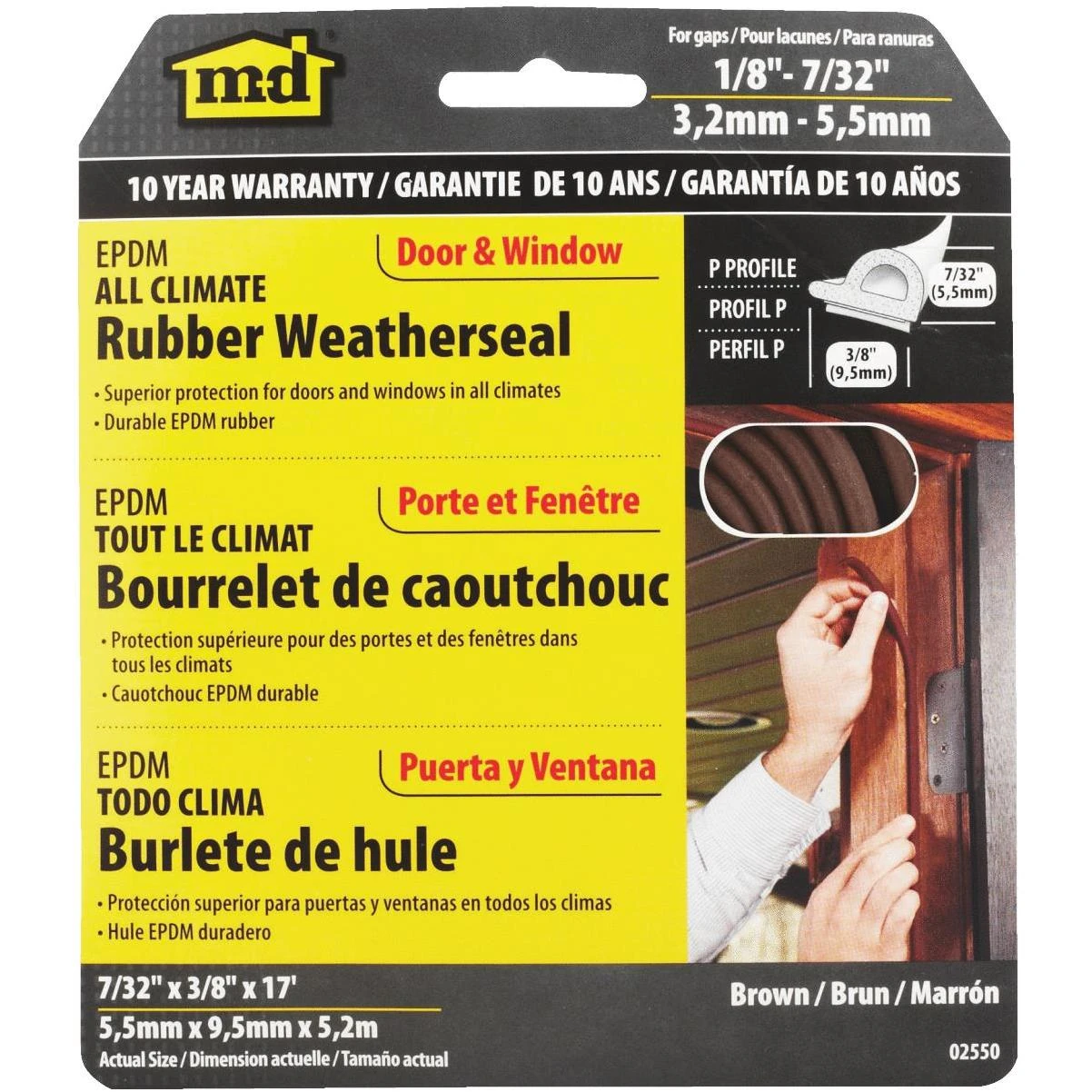 M-D Brown 17' 3/8"  Extreme Temp Medium Gap Rubber Weatherstrip, Brown