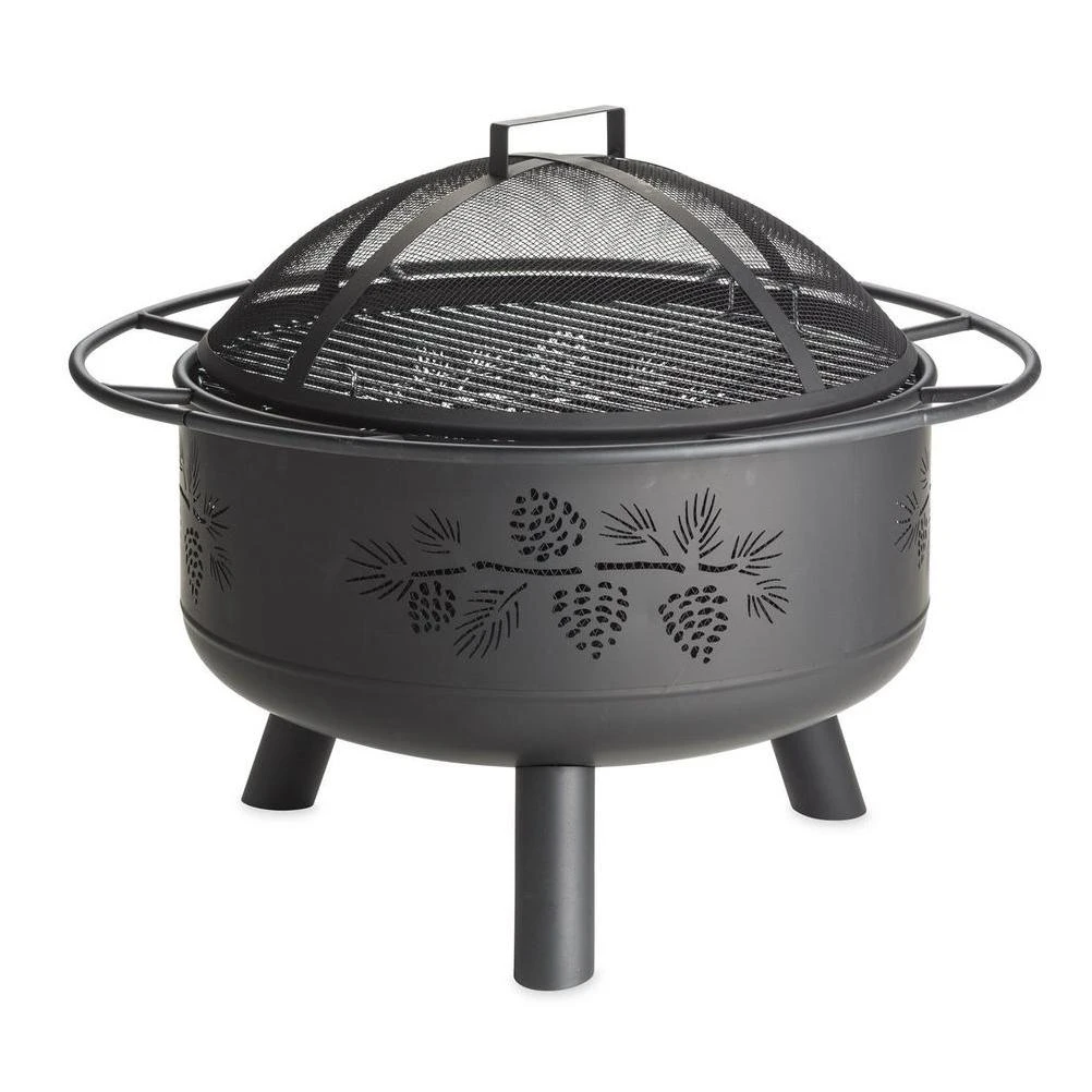 PLOW & HEARTH Pine Cone 30 in. x 23 in. Outdoor Black Steel Wood-Burning Fire Pit with Domed Spark Guard