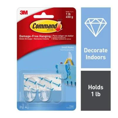 Command Clear Small Hooks, 2 Hooks, 4 Strips